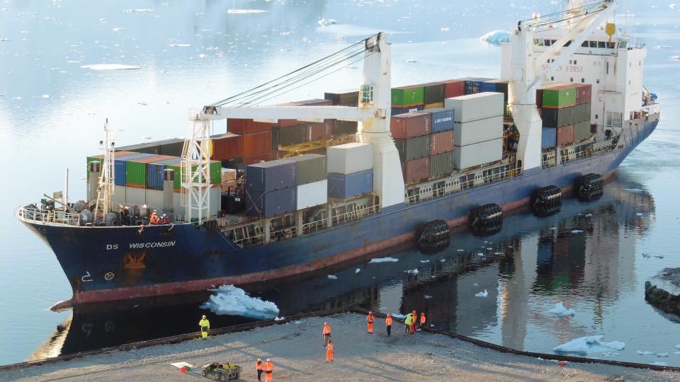 Cargo ship docked in Antarctica.