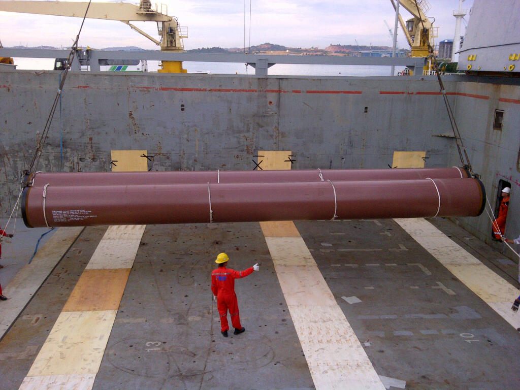 Large pipes being lowered into place.